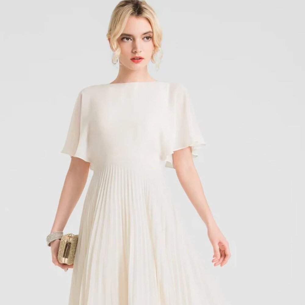 JJ's House  A-Line Scoop Asymmetrical Chiffon Wedding Dress with Pleats - NWT